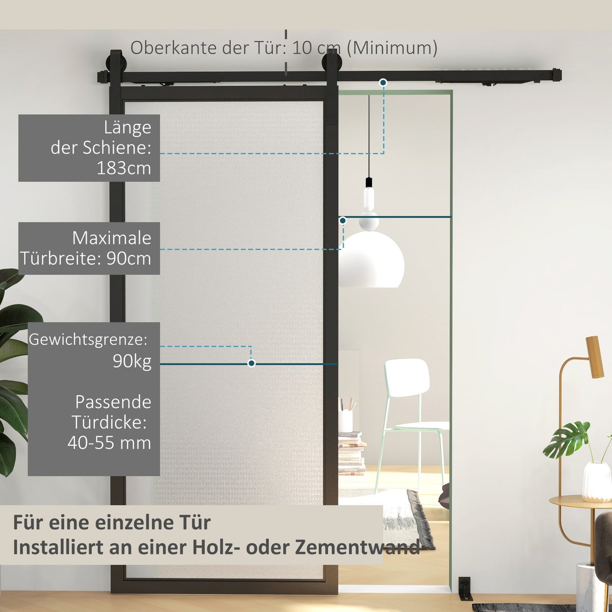 HOMCOM Schuifdeurbeslagset 183 cm Complete set met rails, rollen, anti-springbeveiliging, deurstopper, vloergeleider, schuifdeursysteem van koolstofstaal, zwart