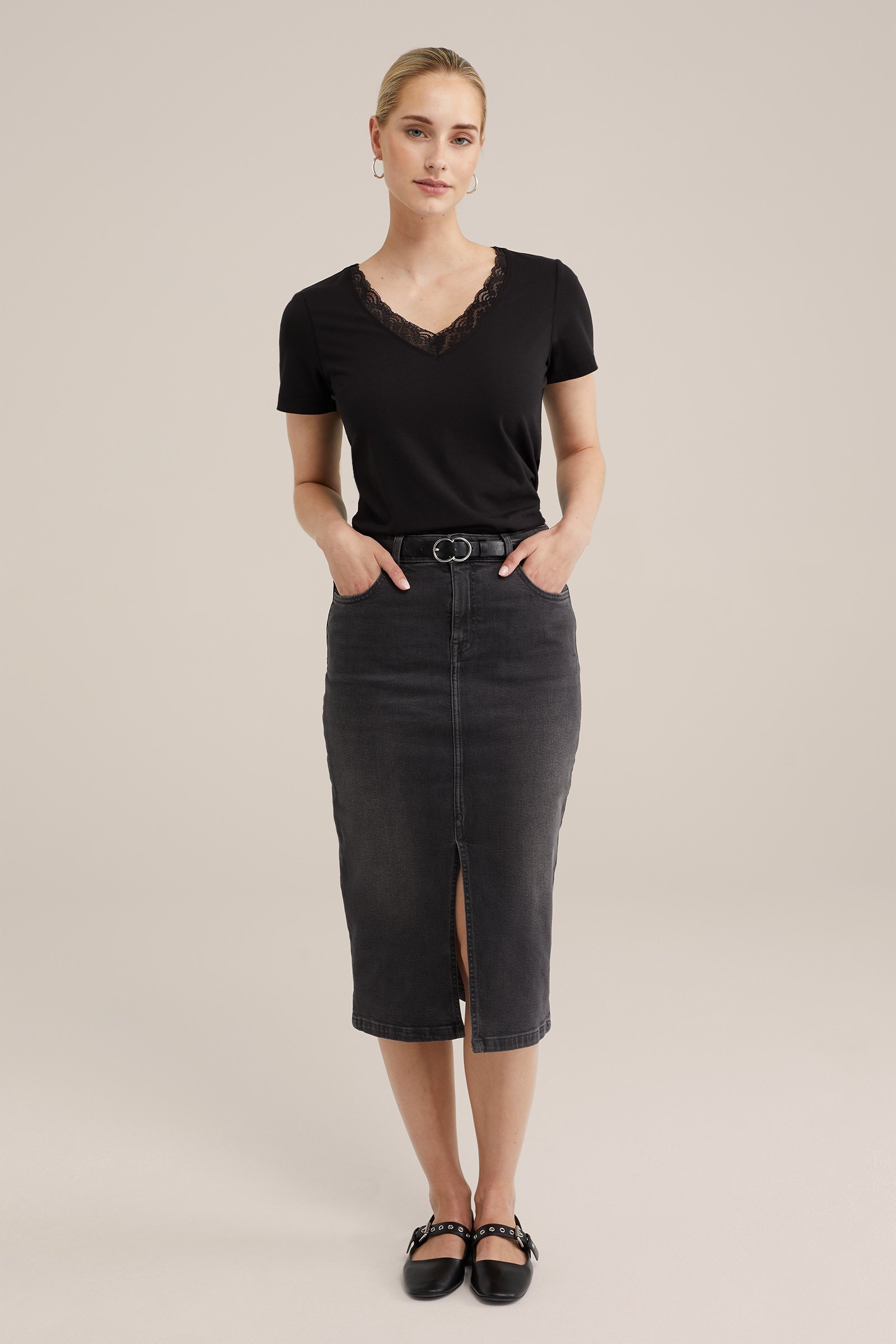 T-shirt met kant WE Fashion Zwart