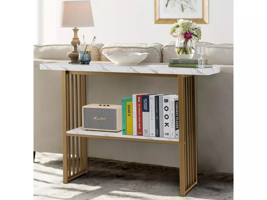 Table Console Marbre à 2 Niveaux Scandinave, Meuble d'Entrée Doré Cadre en Métal, Console Meuble pour Entrée, Salon, Chambre, Doré