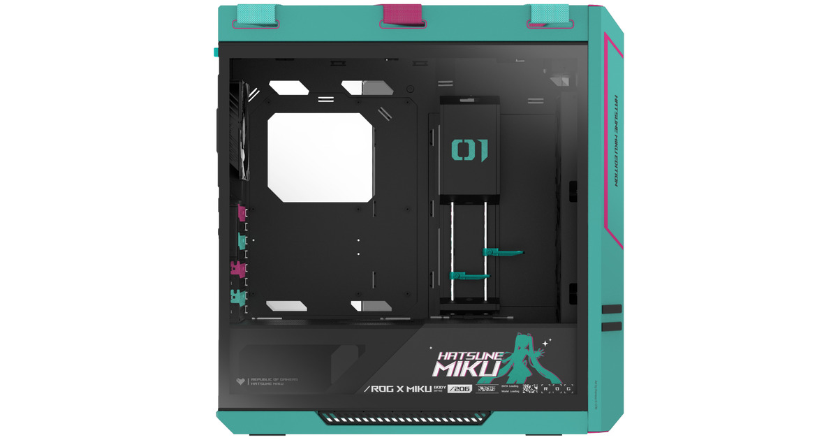 ASUSROG Strix Helios II Hatsune Miku Edition midi tower behuizing  (Turquoise/roze | 4x USB-A | 2x USB-C | RGB | Tempered Glass)
