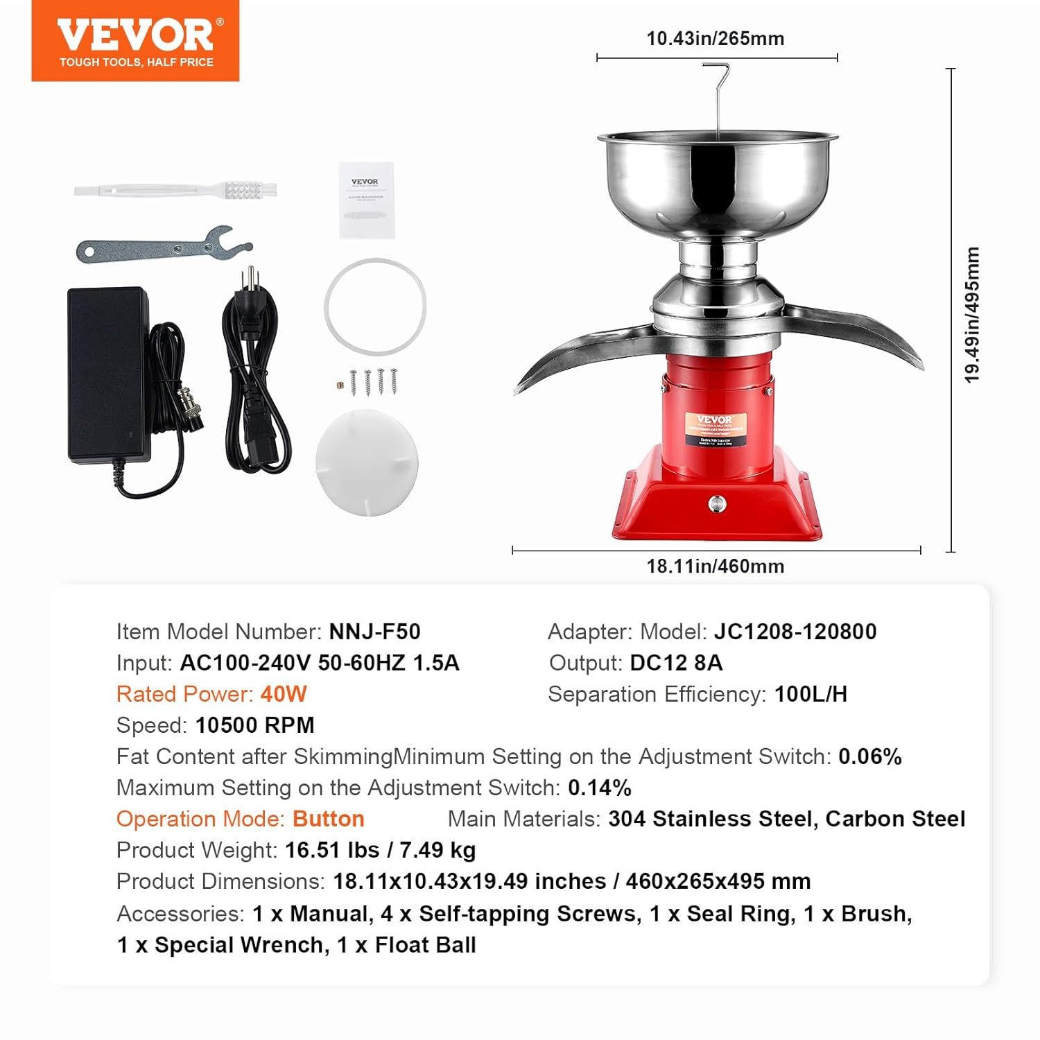 VEVOR Elektrischer Milchabscheider Zentrifugalabscheider 30 W, Milchzentrifuge Separator 100 L/Std. Milchcremetrenner, 10500 U/min Multifunktionale Milchzentrifuge Milchseparator Edelstahl 304