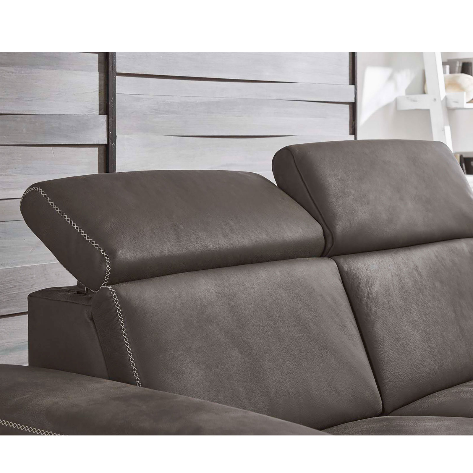 polsterpower 2,5-Recamiere Ledersofa - grau - mit Funktionen - Armlehne links
