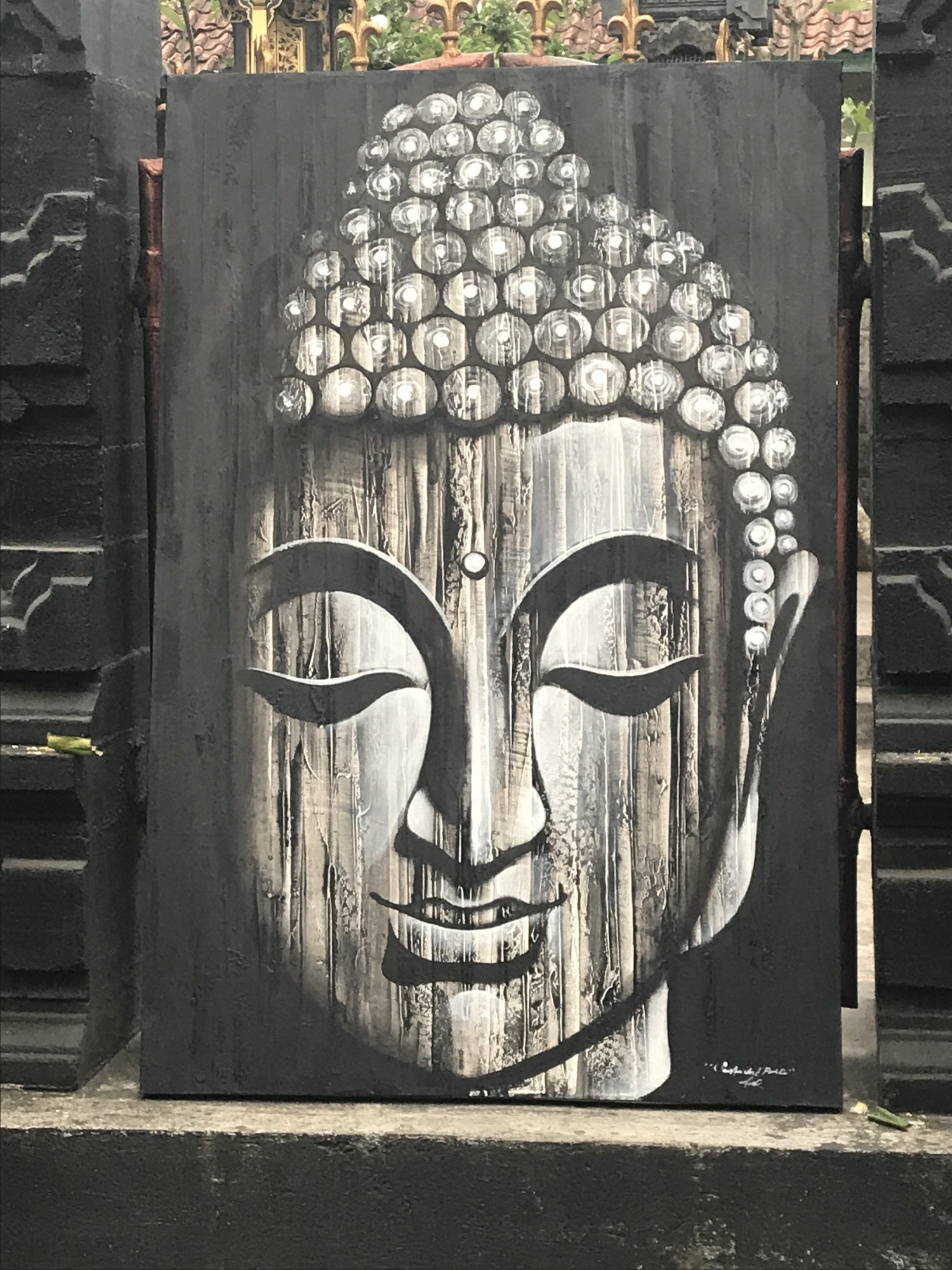 Gemälde 'Wooden Buddha' auf Leinwand, schwarz / grau, H 120 cm, B 80 cm, T 4 cm von fischer's lagerhaus