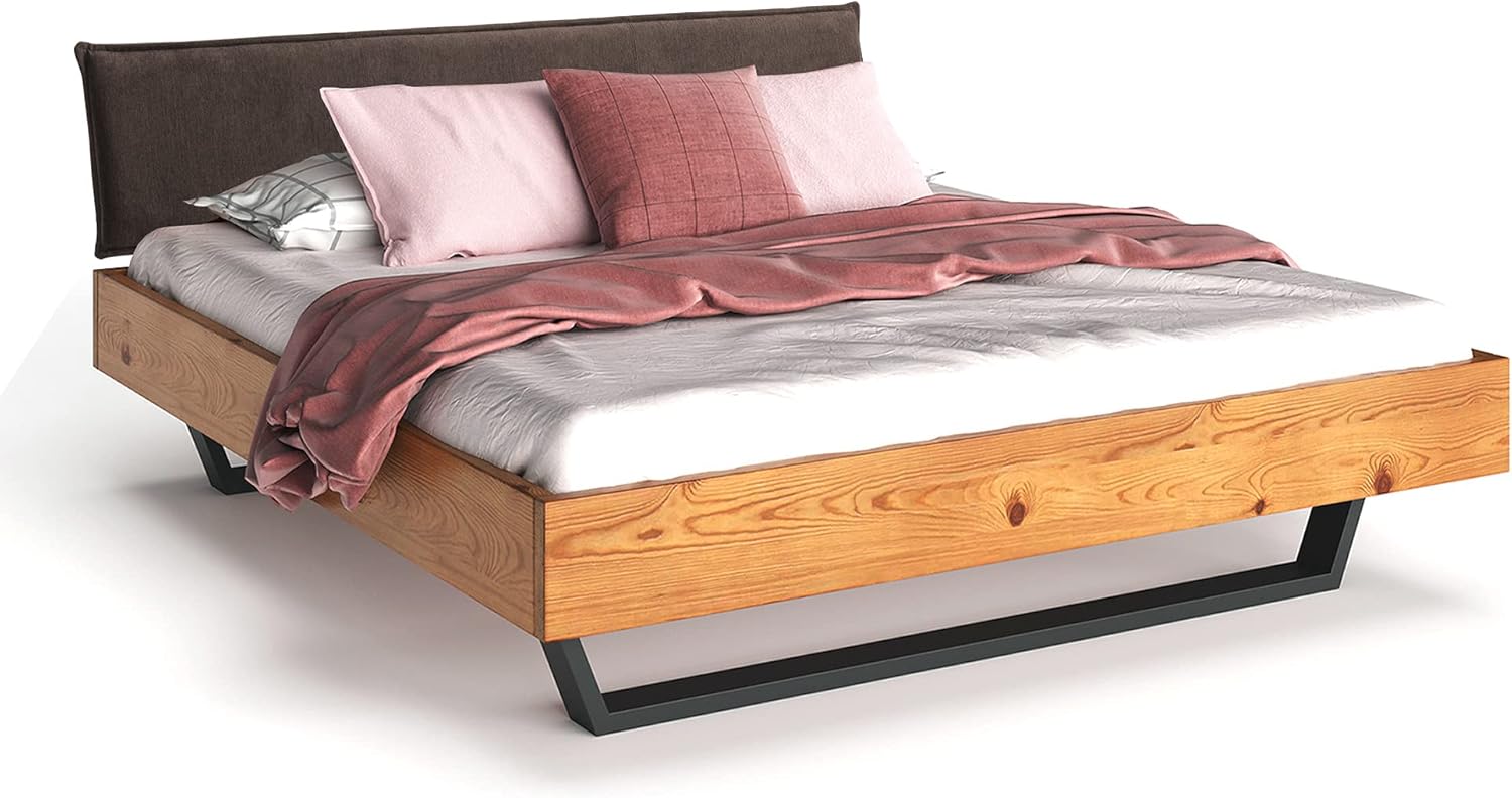moebel-eins CURBY Kufenbett mit Polsterkopfteil, Material Massivholz, rustikale Altholzoptik, Fichte, Kufen schwarz
