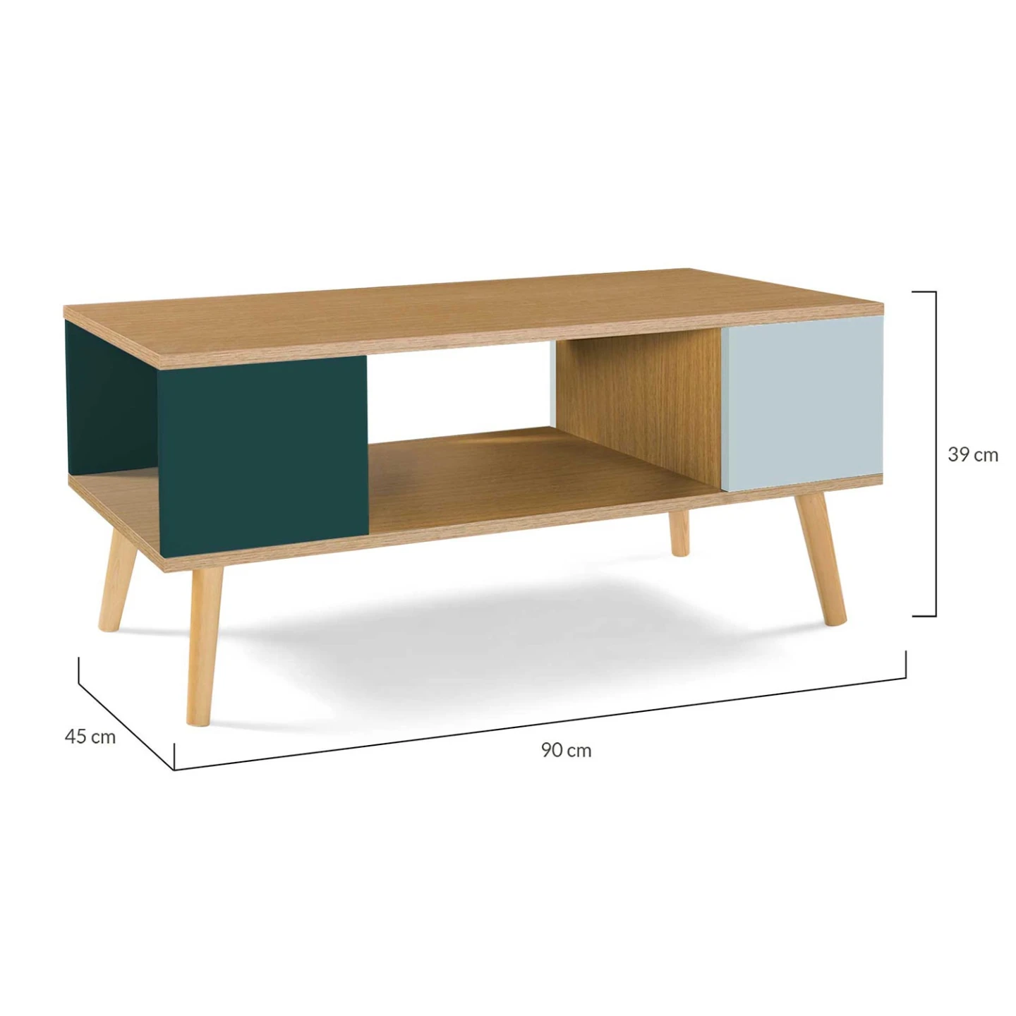 Table basse scandinave rectangulaire ALIZE bois, vert clair et vert foncé