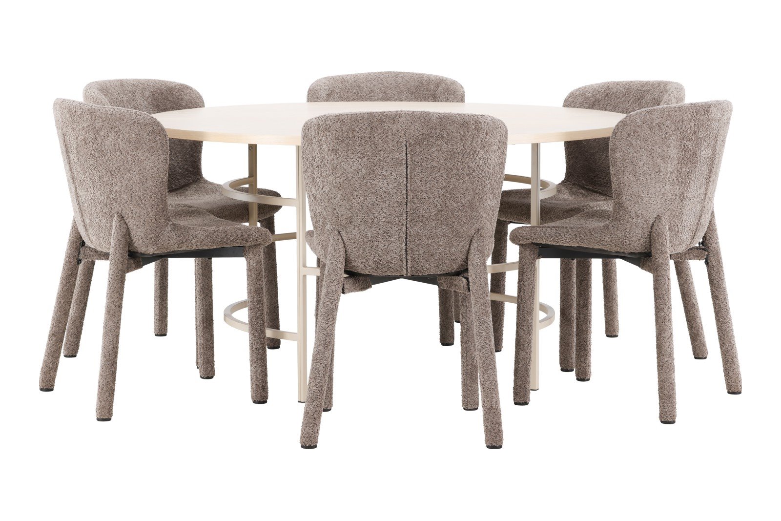 Copenhagen og Astoria Spisegruppe Copenhagen rundt spisebord Ø140 cm i hvit polert med 6 stk. Astoria spisestoler i Brown bouclé.