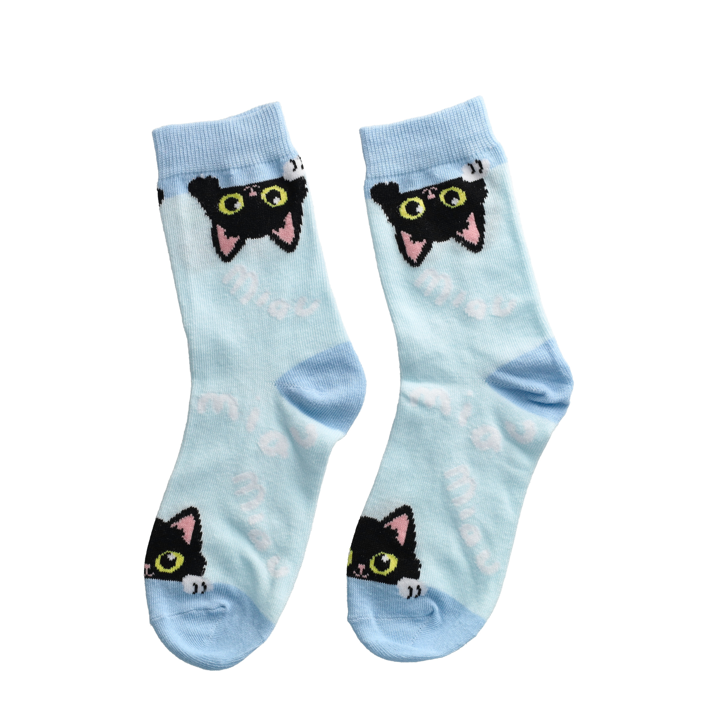 (1 Paar) Gr. 36-42 Baumwoll Socken Katzen Motiv Fashion Strümpfe - Blau / Schwarz