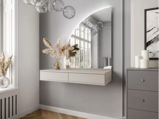 Coiffeuse suspendue avec miroir à LEDs - 2 tiroirs - Beige mat - JINEZA
