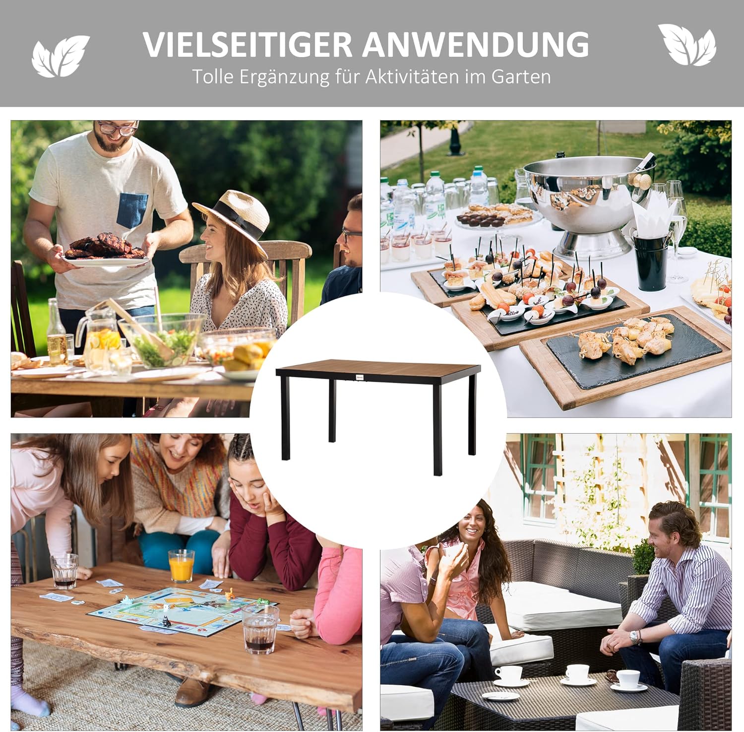 Outsunny Gartentisch für 6 Personen Esstisch Aluminiumtisch Gartenmöbel Loungemöbel pflegeleicht Kunststoff Natur+Schwarz 140 x 90 x 74 cm