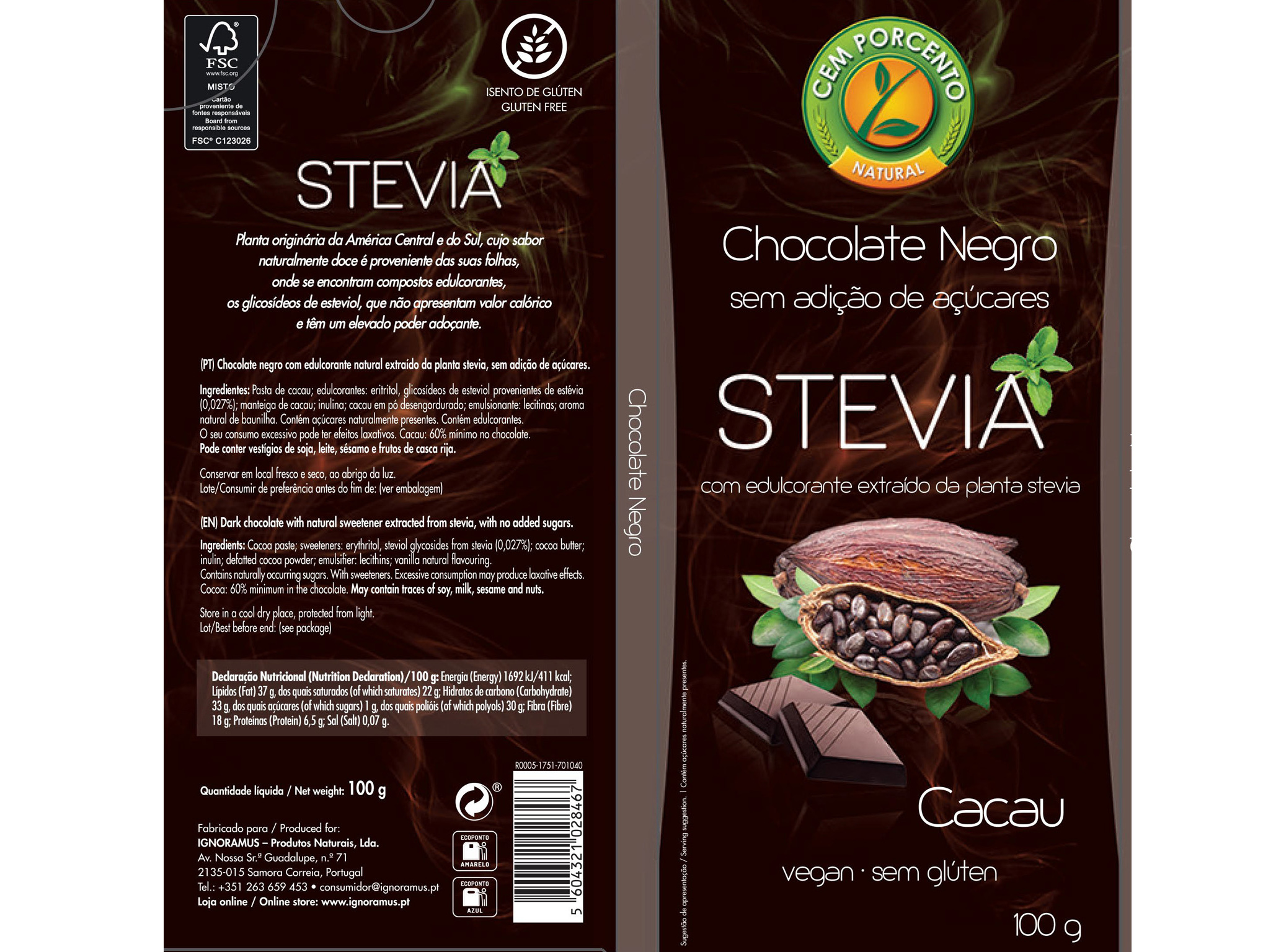 CHOCOLATE CEM PORCENTO NEGRO STEVIA 60% CACAU 100G