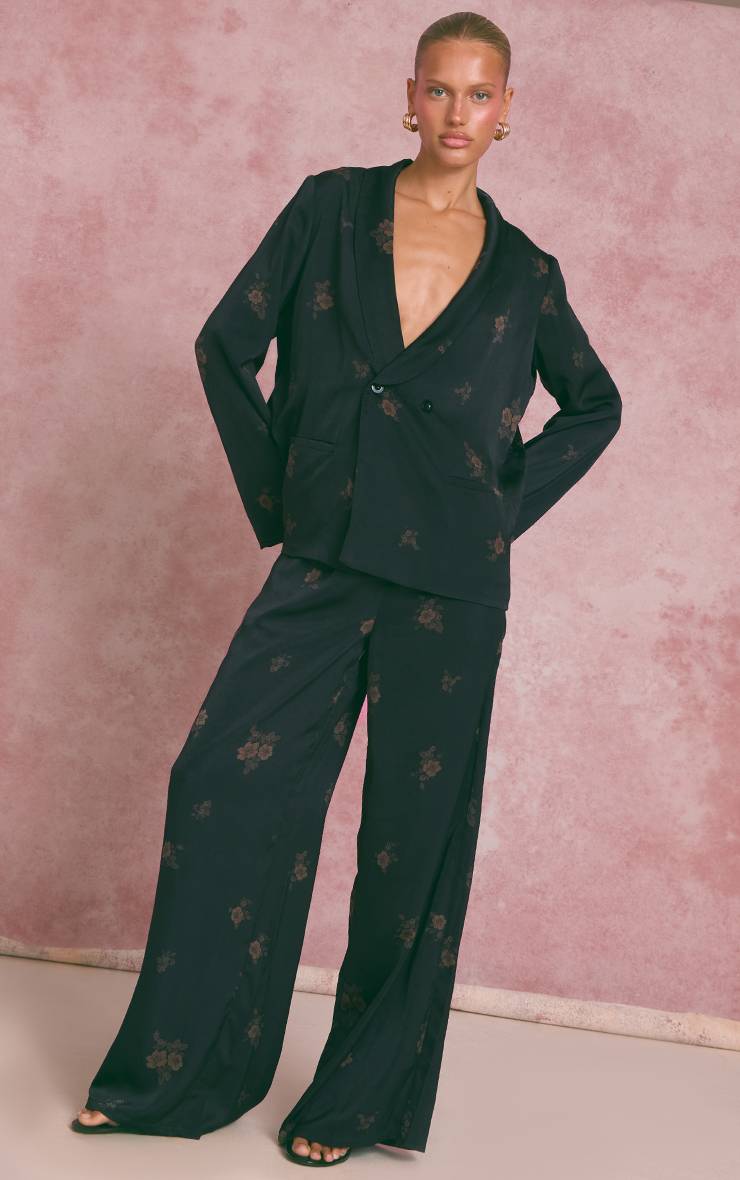Bleu Marine Pantalon De Costume Satiné À Imprimé Fleuri Ditsy