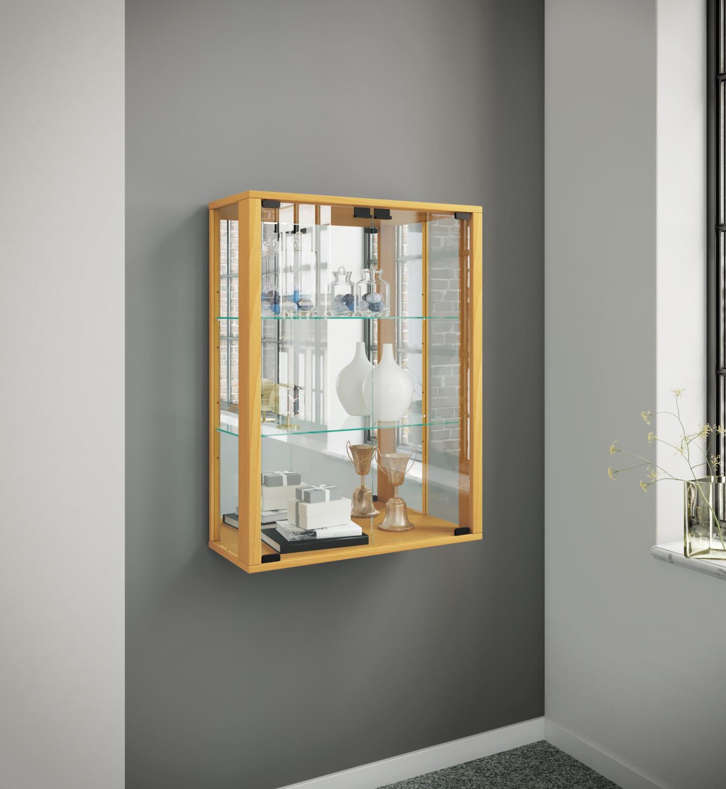 Wandvitrine UDINA - Buche - Rückwandspiegel - LED-Beleuchtung