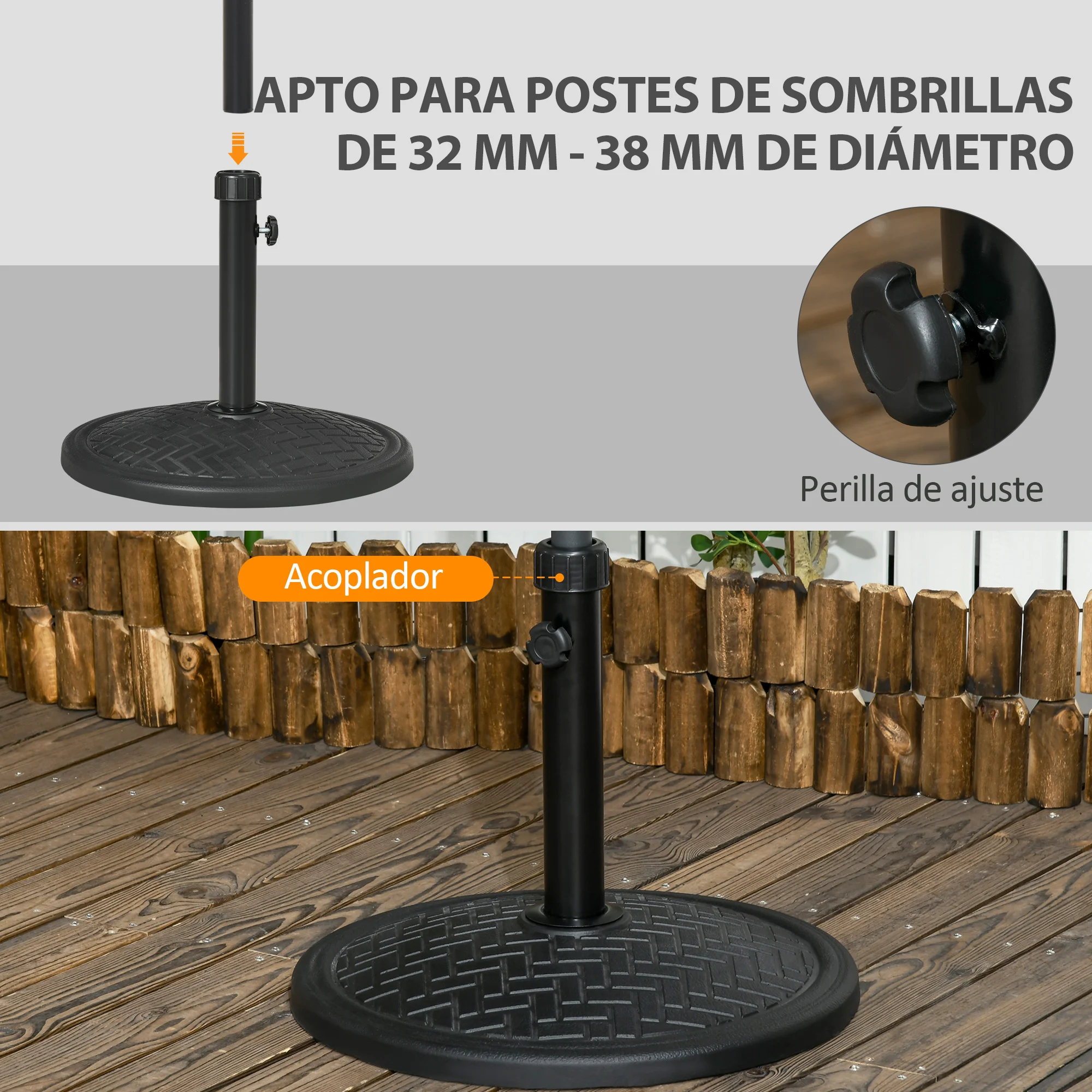 Base de concreto para guarda-sol Outsunny, 14 kg, compatível com mastros de 32 a 38 mm de diâmetro, ideal para jardim, terraço e pátio, 46 x 34 cm, preta.