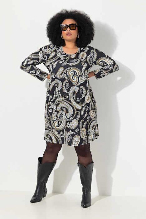Jerseykleid, Paisley, A-Linie, Rundhals, Langarm