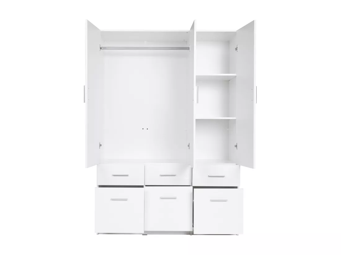 Armoire 3 portes et 6 tiroirs - L136 cm - Blanc + Réhausse - BELOMY
