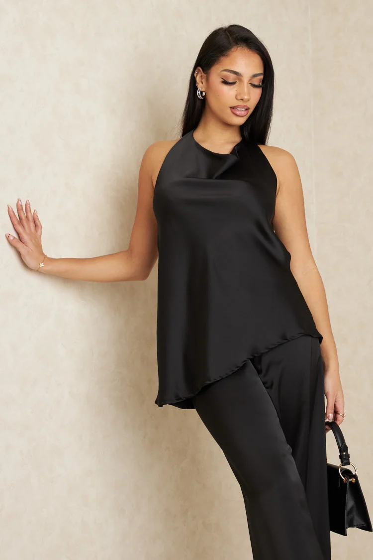 Ensemble 2 pièces top + pantalon satiné noir