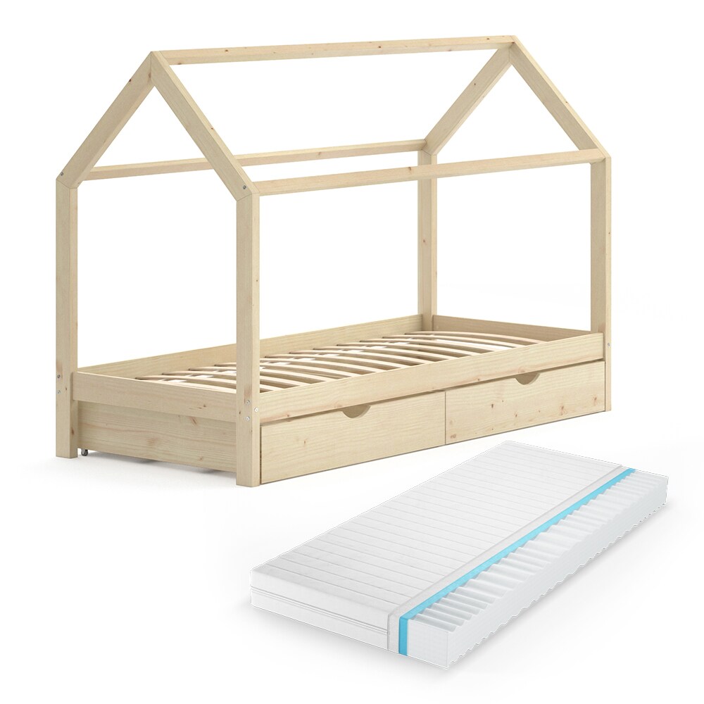 VITALISPA Kinderbett Hausbett Schubladen Bett Holz Kinderhaus weiß 90x200 cm