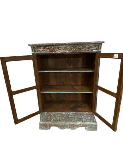 Kast glas UNIEK 2 deur en 2 lades blauw/bruin Vitrinekast Uniek blauw/bruin