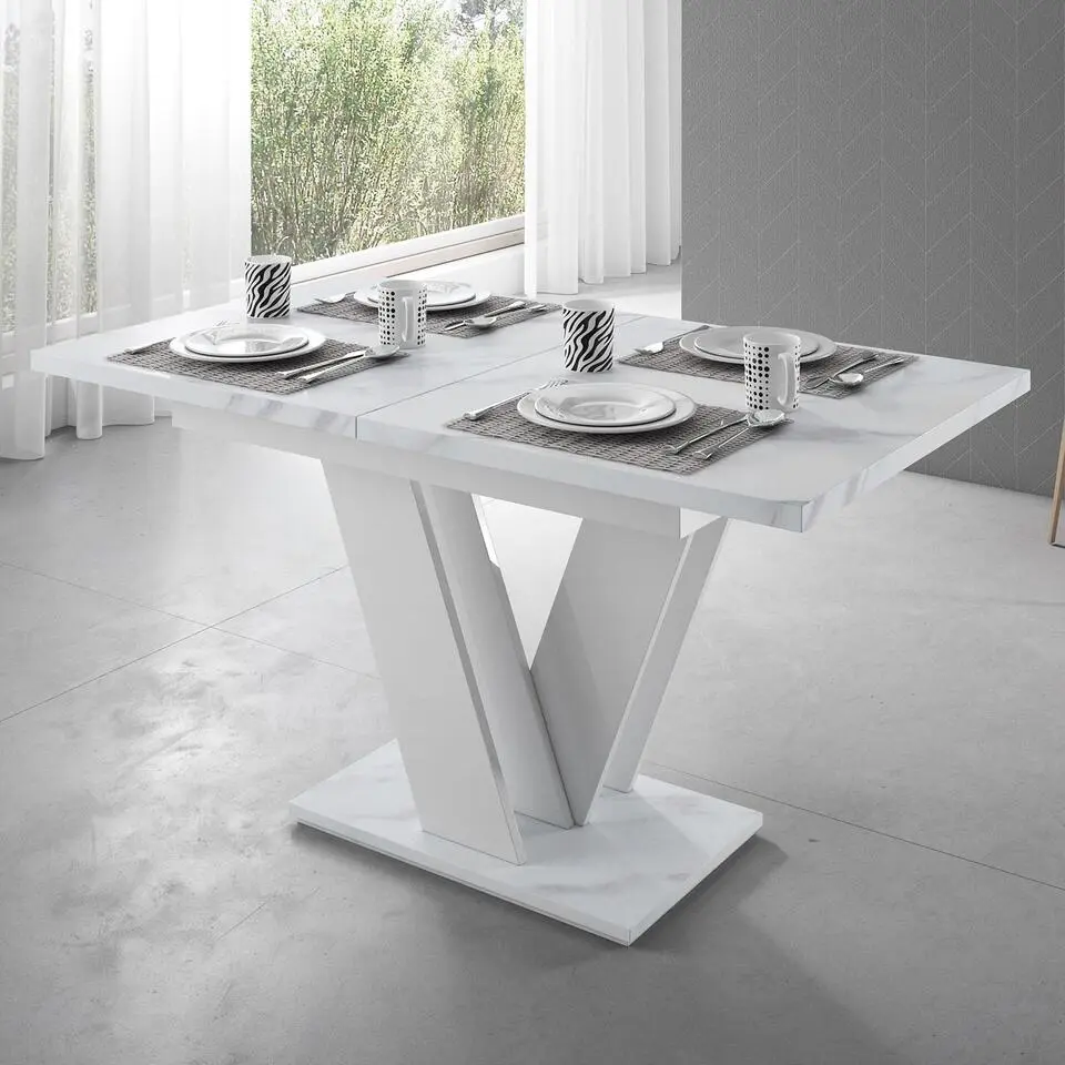 Meubella - Eetkamertafel Moris - Wit marmerlook - 160 cm - Uitschuifbaar