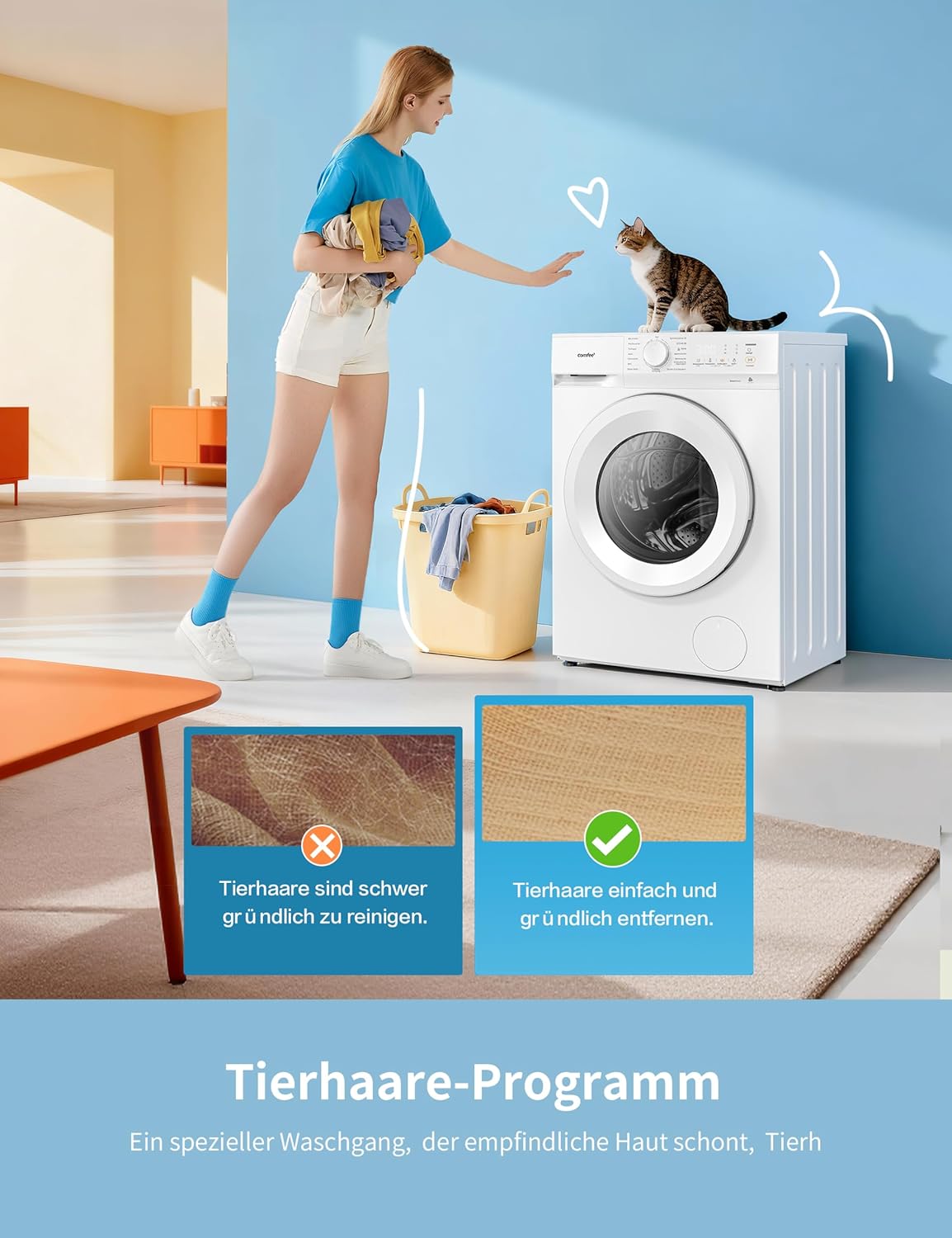 Comfee Waschmaschine 8kg, Washing machine mit Tierhaar-Programm & Dampffunktion,16 Programme,Energy Efficiency Class A-10%,Nachlegefunktion, Leise & Energiesparend, CF08EWP05W, Weiß