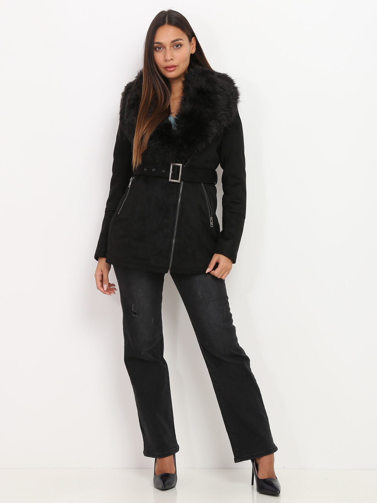 Manteau en suédine à fausse fourrure- Noir