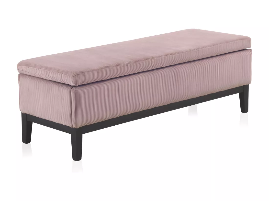 Pouf tapissé rose pastel avec pieds en bois noir