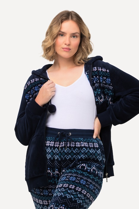 Homewear-Jacke, Norwegermuster, Plüsch, Kapuze