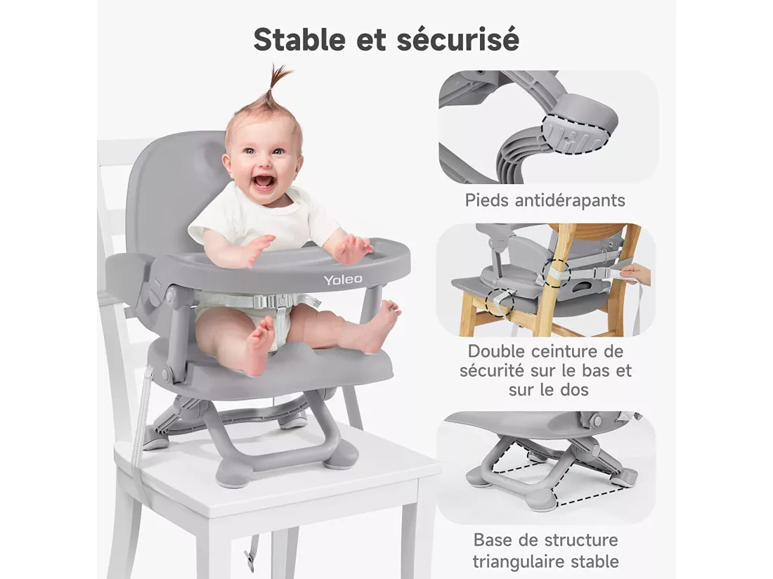Chaise Enfant Pliable, Chaise Haute Bébé Portable, Rehausseur Siège Bébé, Chaise Repas en Hauteur Réglable, Plateau Amovible, 6 mois à 3 ans, Gris