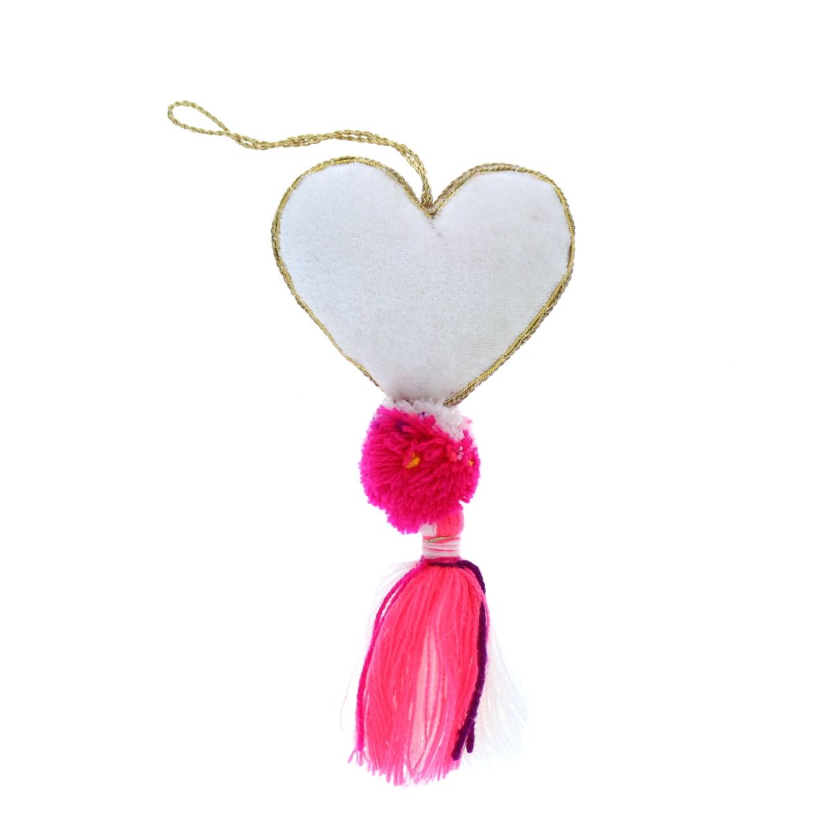 Suspension de Noël brodée cœur pompon rose Pondie Chérie