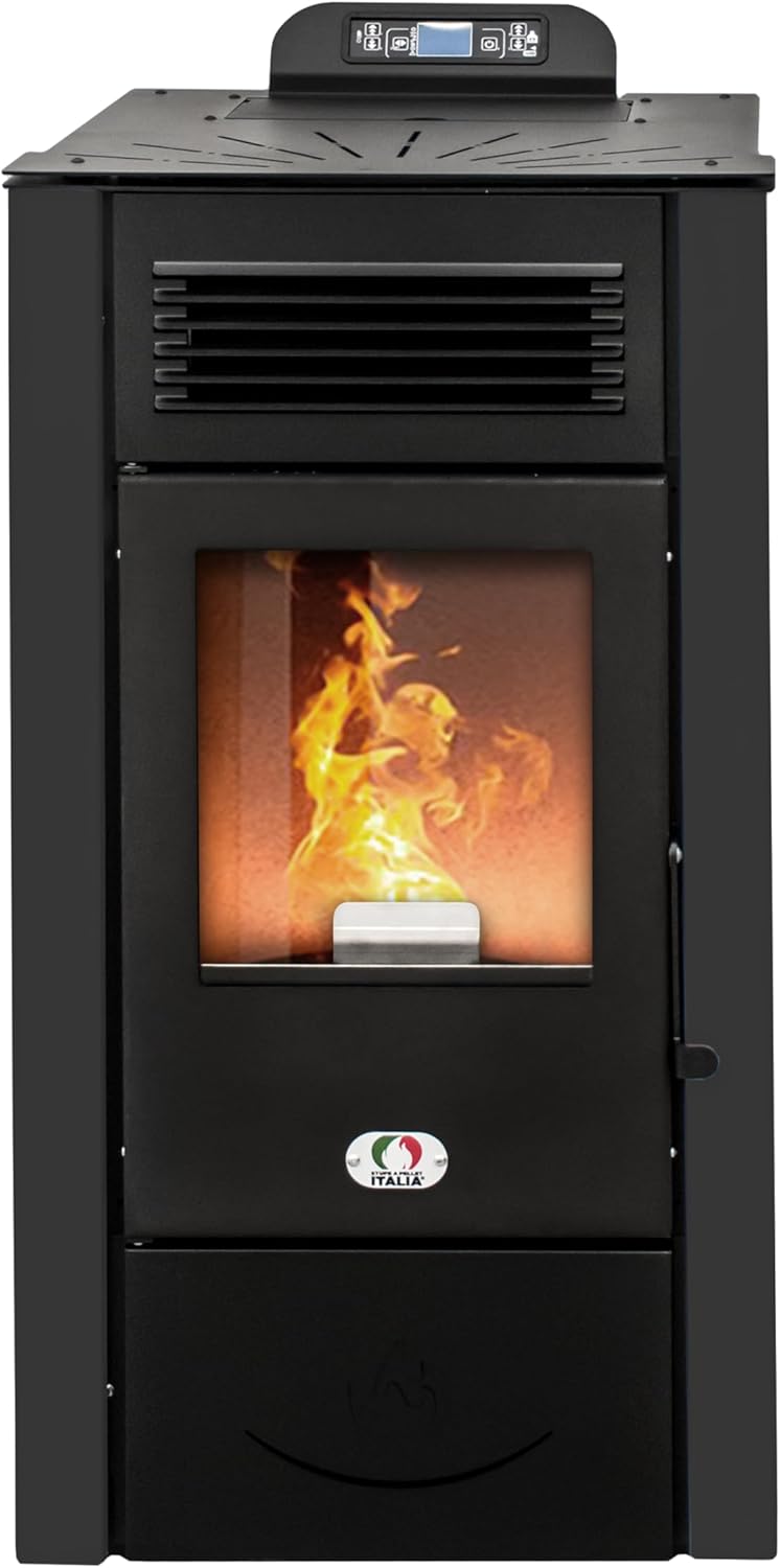 STUFE A PELLET ITALIA San Diego 12 Kw WiFi 5 Sterne | Pelletöfen Zertifizierte-Effizienz 91% Heizt 120m² Autonomie 15 Std 5 Kräfte WiFi-Steuerung Programmierbar 24 Monate Garantie Schwarz