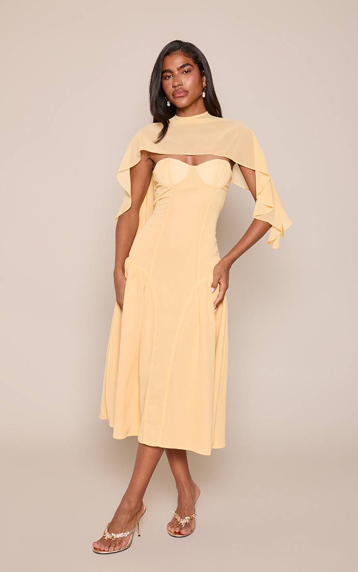 Citron Robe Midi Patineuse Bandeau Avec Détail Cape En Mousseline