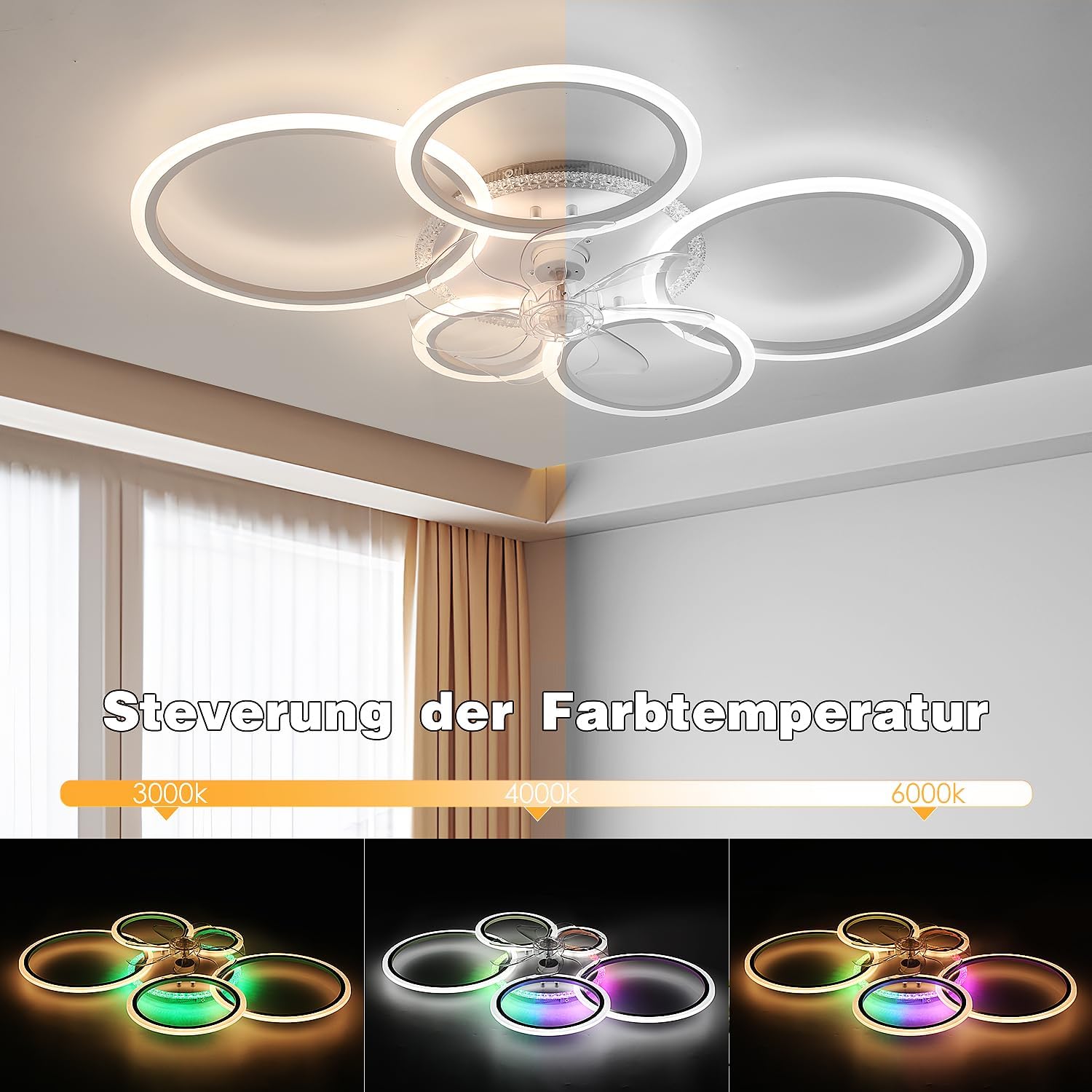 Deckenleuchte mit Ventilator, leise, weiß, Deckenventilator mit Beleuchtung, App und Fernbedienung, 72 W, 6270 lm, Dimmbar, RGB LED, für Wohn- Schlaf- und Esszimmer, 6-Gang, Timer