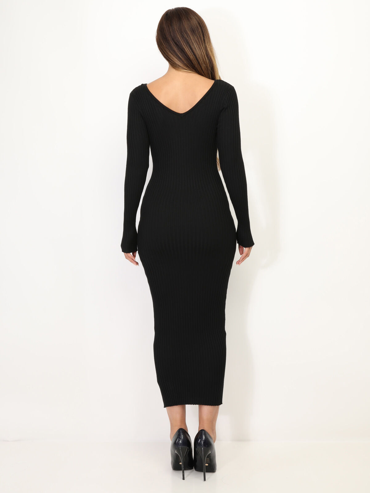 Robe pull longue côtelée à col V- Noir