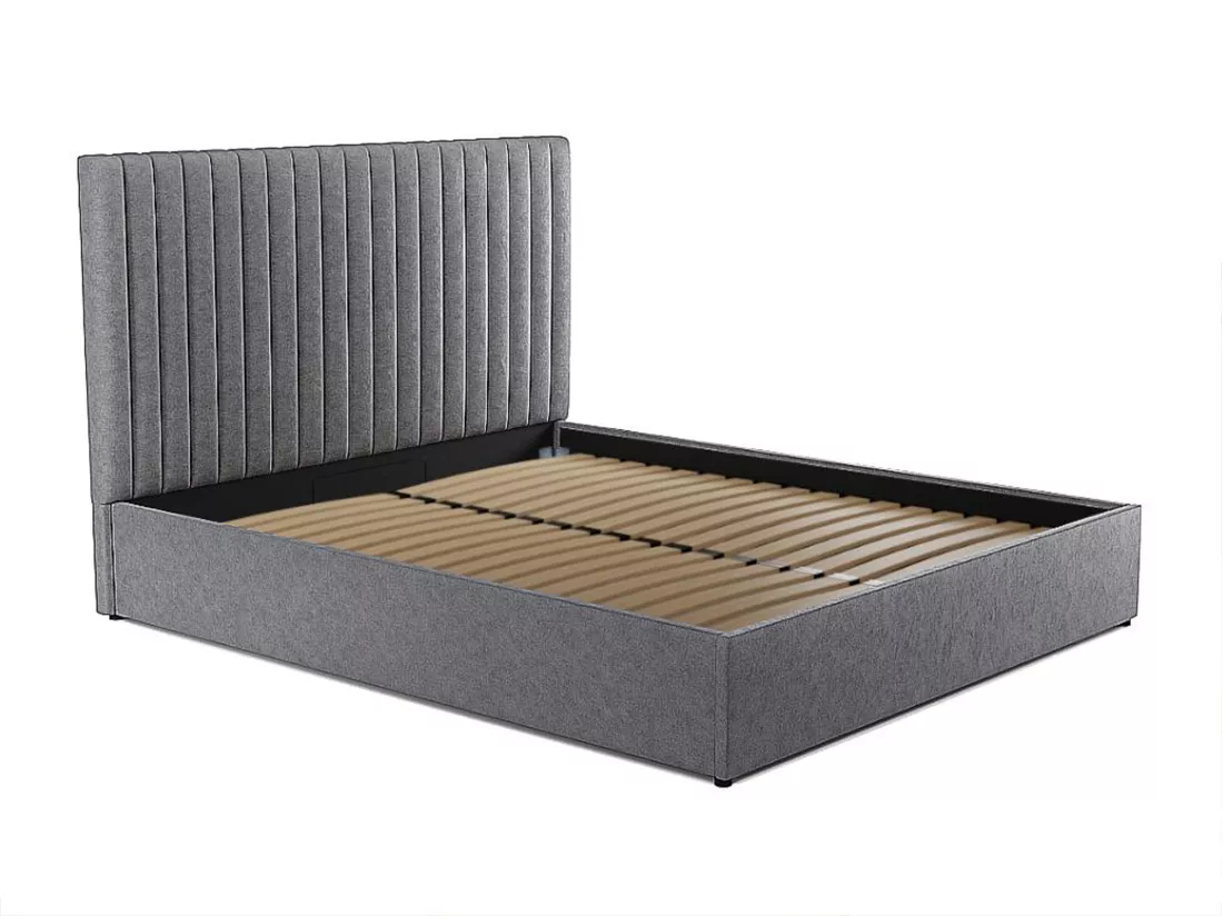 Lit coffre 160 x 200 cm avec tête de lit coutures verticales - Tissu - Gris - SARAH