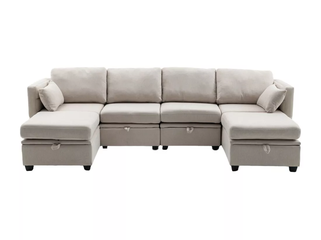 Canapé modulable 6 places convertible, en lin, avec rangement et accoudoirs réglables, 280x140x85cm, Beige