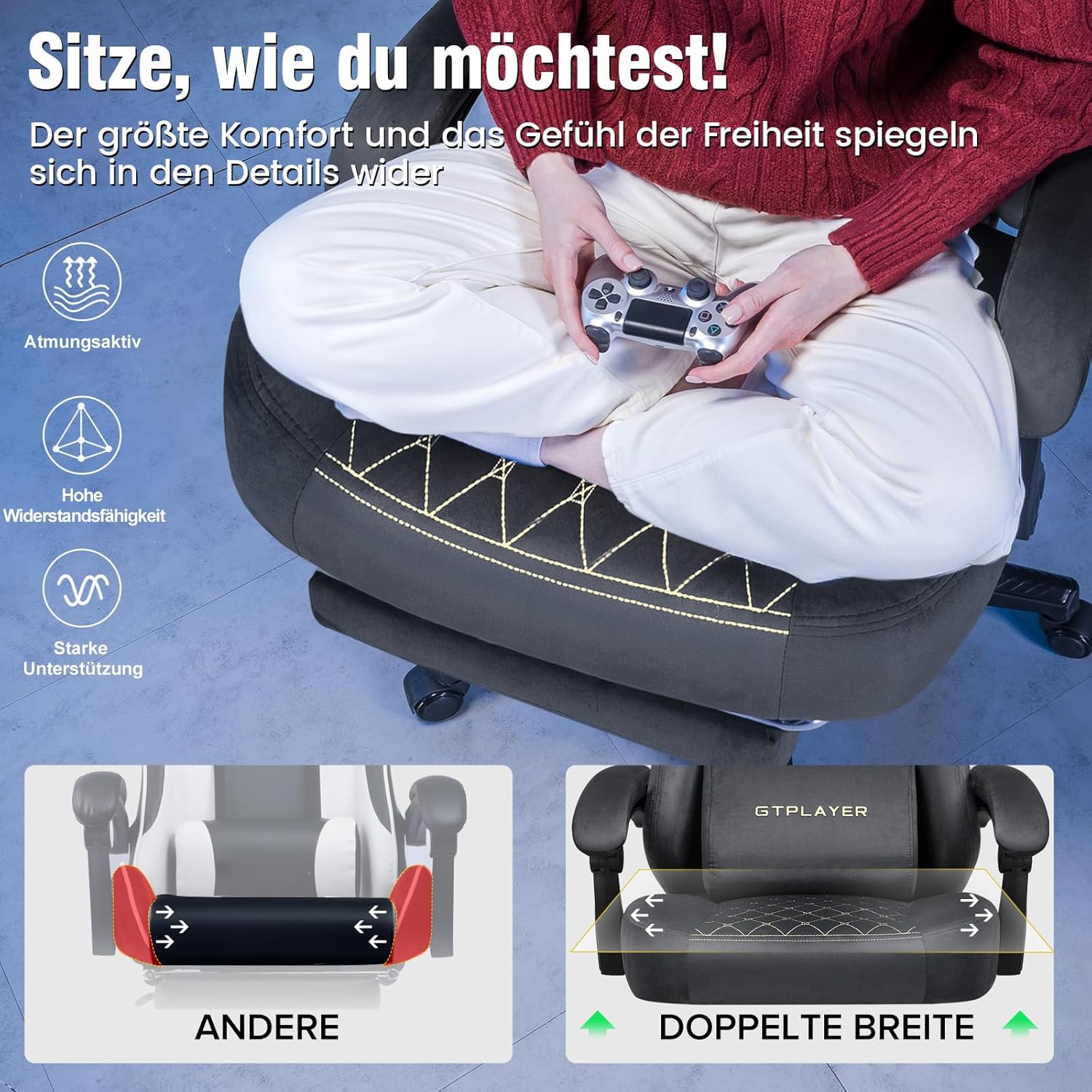 GTPLAYER Gaming Stuhl Stoff Gaming Chair Ergonomisch Bürostuh PC Stuhl, 150kg Belastbarkeit, Verstellbarer und Drehbarer Schreibtischstuh mit Federsitzkissen und Fußstütze, Grau