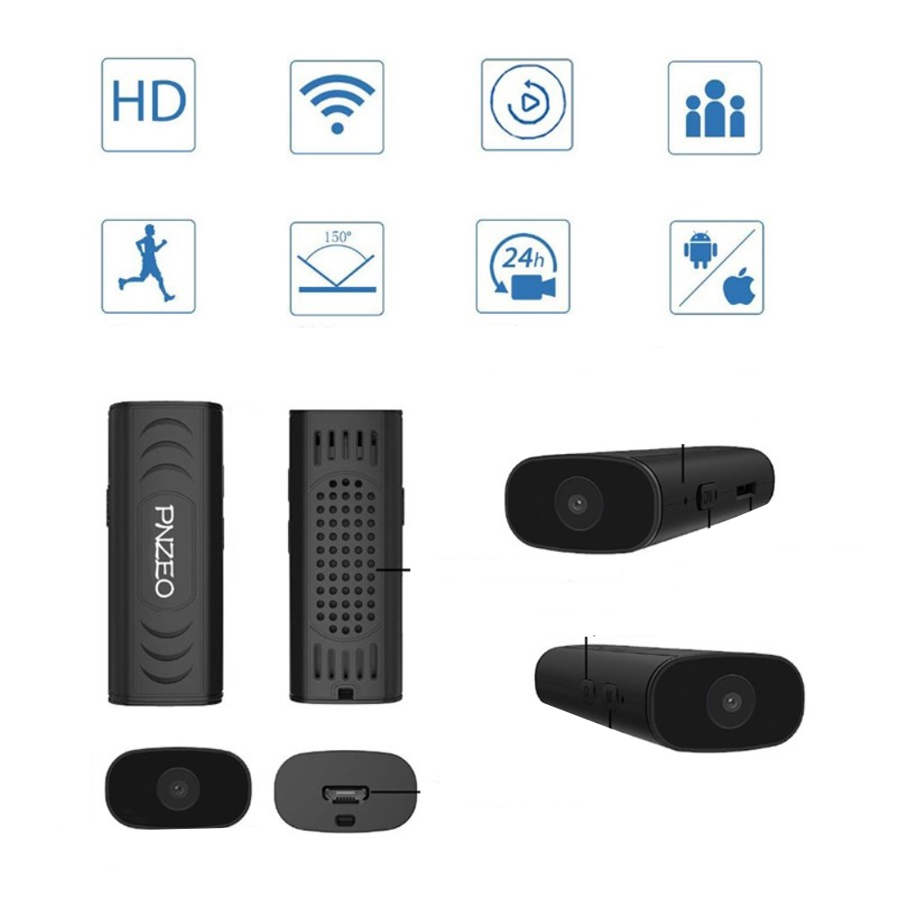 Mini WiFi IP Kamera FullHD 1080p Infrarot LED's Nachtsichtfunktion mit Akku (520mAh) und Micro SD Kartenslot   Halterung iOS/Android - Schwarz