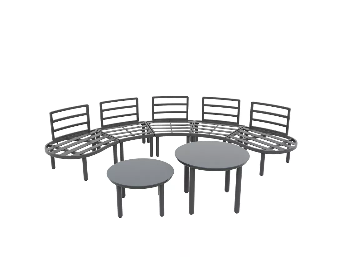 Salon de jardin 5 places - 2 tables basses en verre trempé - en fer galvanisé - avec pieds réglables - élégant canapé arrondi - Gris