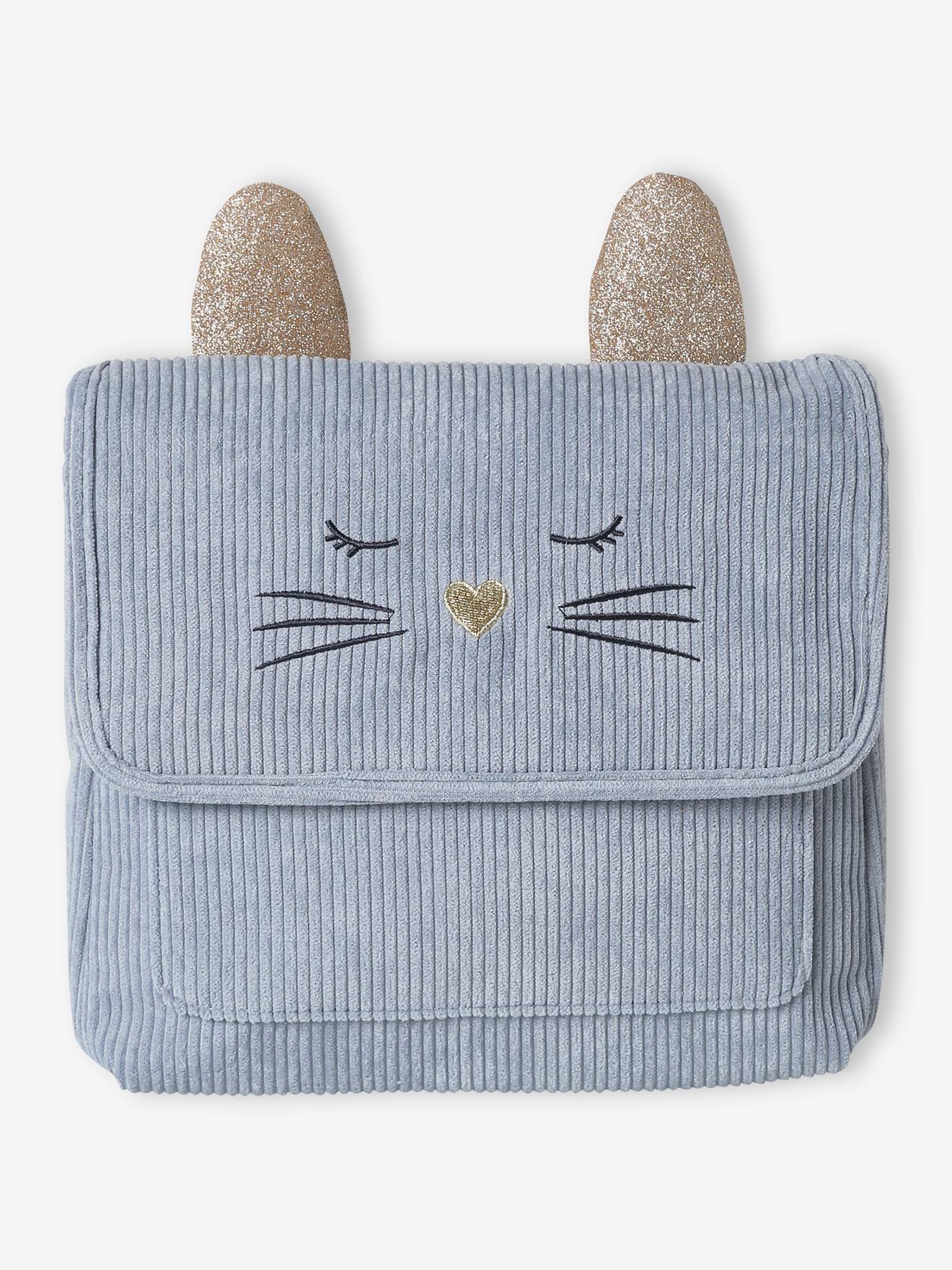 Mochila infantil de veludo cotelê azul-acinzentado para pré-escola 