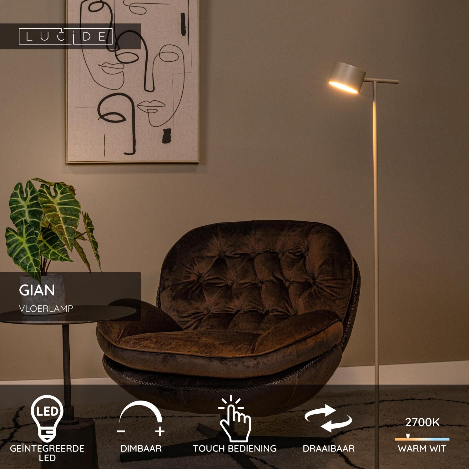 Lucide GIAN Vloerlamp - Taupe