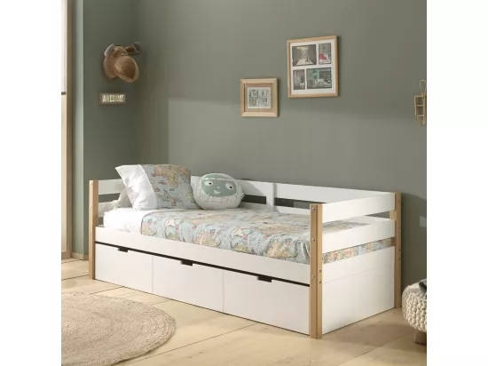 OLAF - Lit Gigogne 90x200cm Blanc et Bois