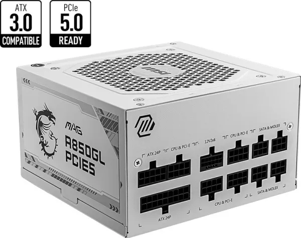 MSI MAG A850GL PCIE5 WHITE, 850 W, 100 - 240 V, 47 - 63 Hz, 8 A, 4 A, Aktiv