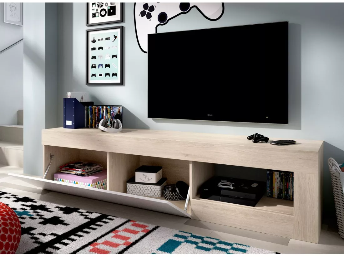 Meuble TV Averau, Buffet bas de salon, Buffet de salon pour télévision, 204x42h48 cm, Chêne et Blanc