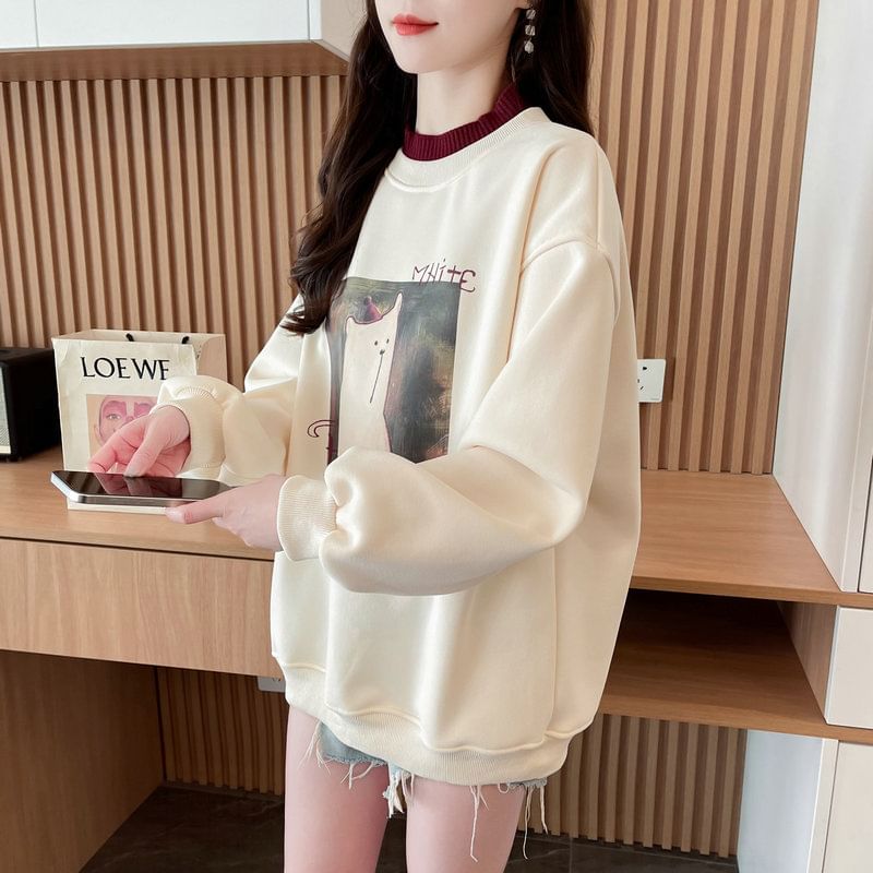 Jewie - Oversized trui met ronde hals en kattenprint en verlaagde schouders