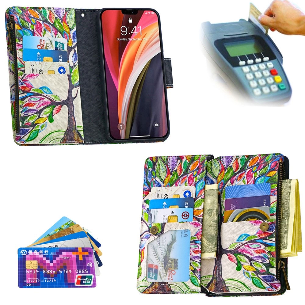 iPhone 12 / iPhone 12 Pro Leder Wallet Etui Tasche mit 9 Kartenfächern   Münzfach - Blühender Baum