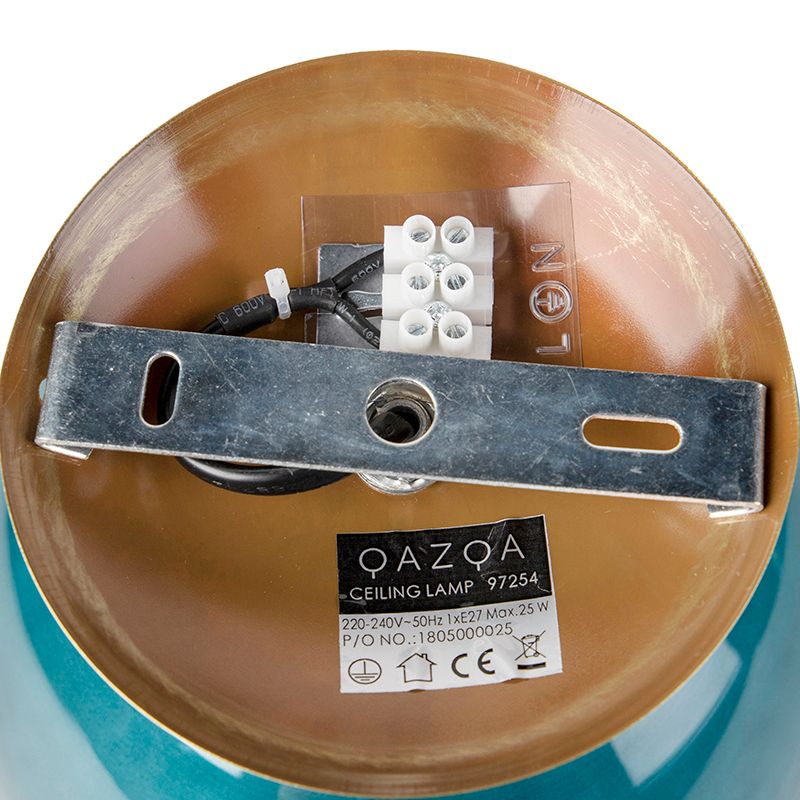 Art deco plafondlamp messing met oceaanblauw glas - Pallon