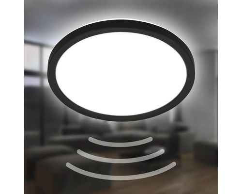 LED Sensor Plafondlamp IP44 15W 1900 lm 4000 K HxØ 3x24 cm Slank zwart/wit + Achtergrondverlichting