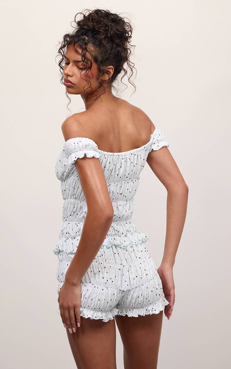Bleu Layette Combinaison Courte Froncée Bardot À Pois