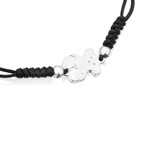 Pulseira Sweet Dolls com urso prateado e cordão preto.