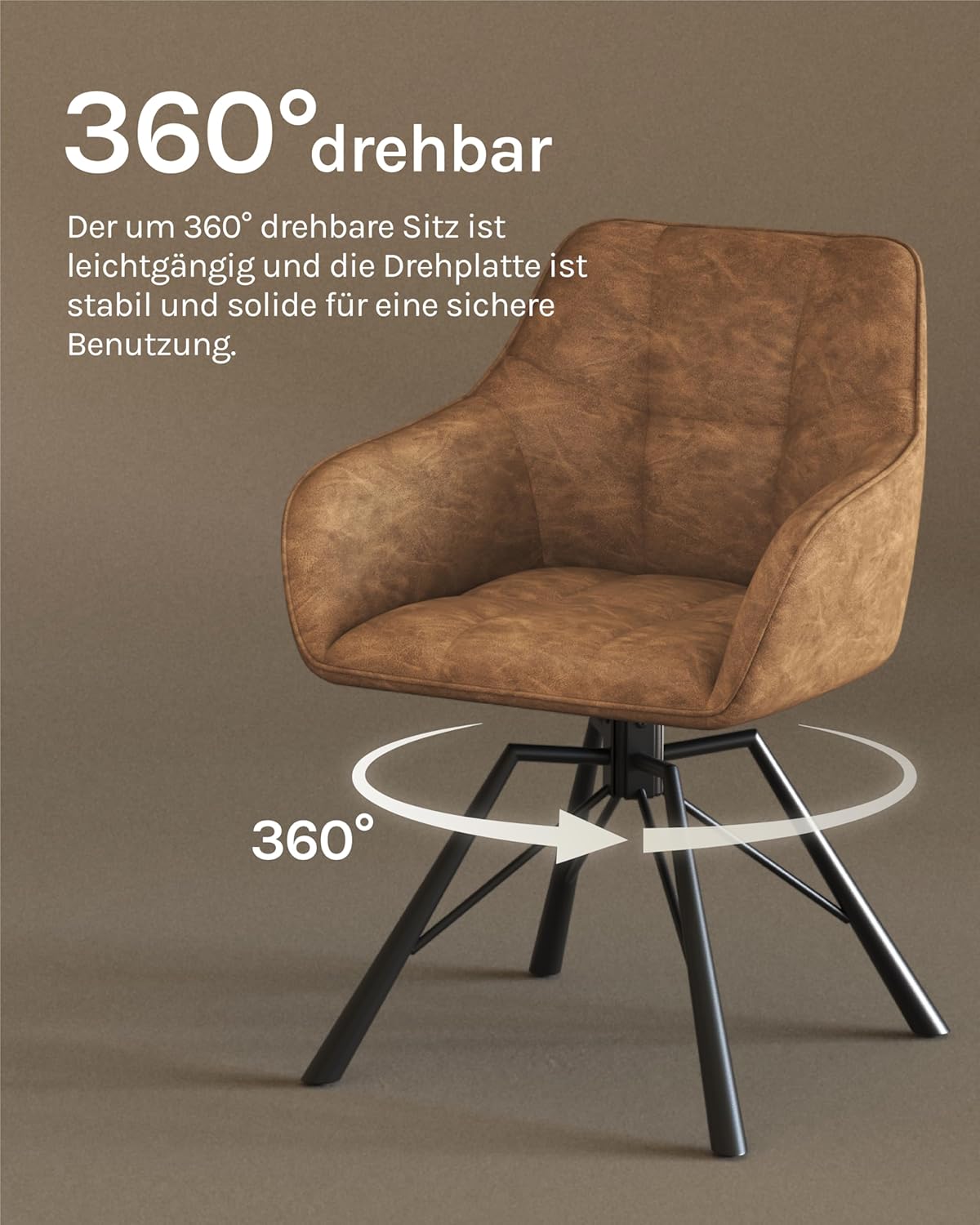 WOLTU Esszimmerstuhl drehbar 2er Set, Küchenstuhl, Polsterstuhl, Drehstuhl, bequemer Stuhl mit Armlehnen Rückenlehne, Armlehnenstuhl für Esszimmer Wohnzimmer, mit Kunstlederbezug, Hellbraun